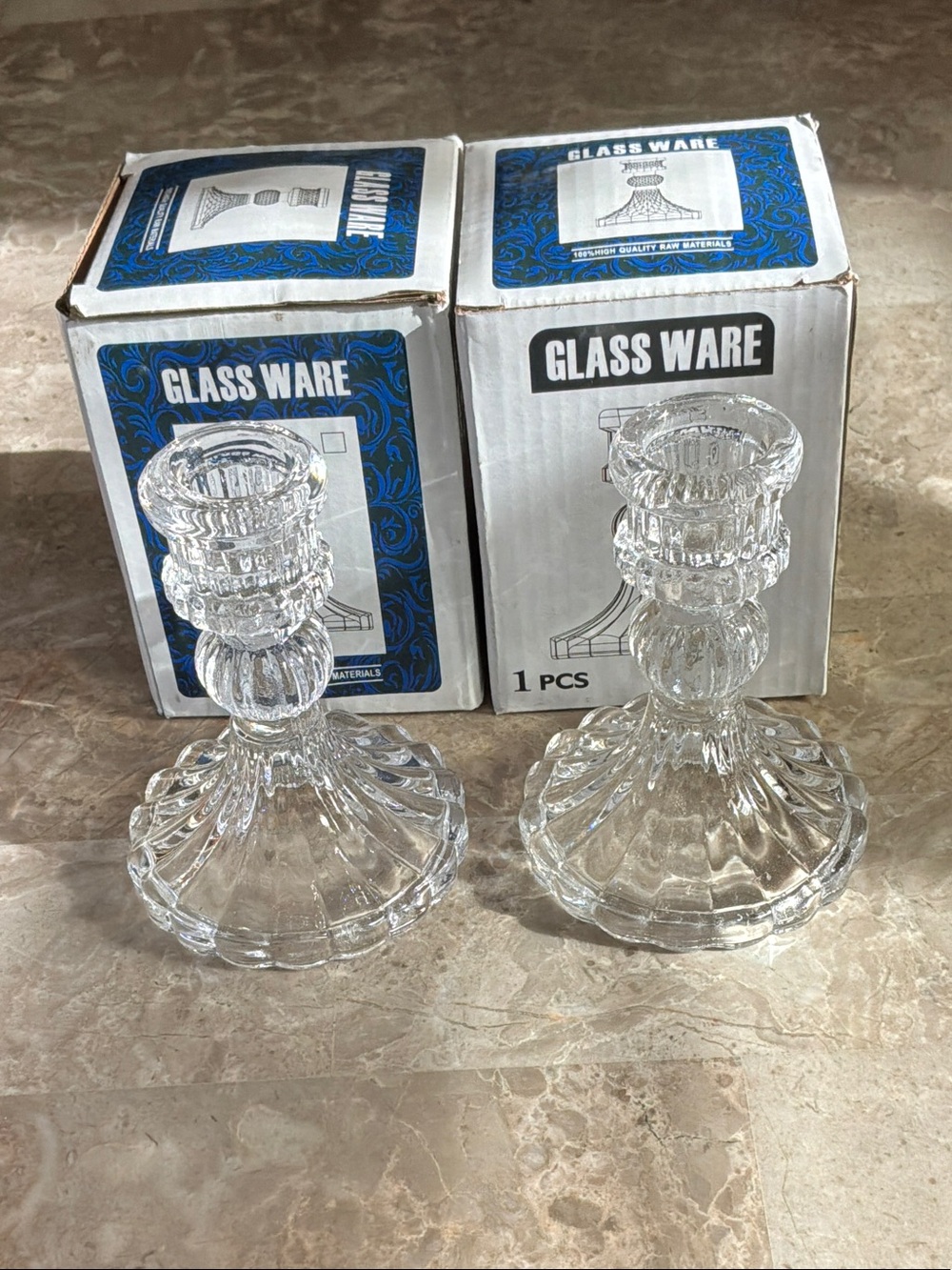 Clear Glass Candlestick Holders - Pair